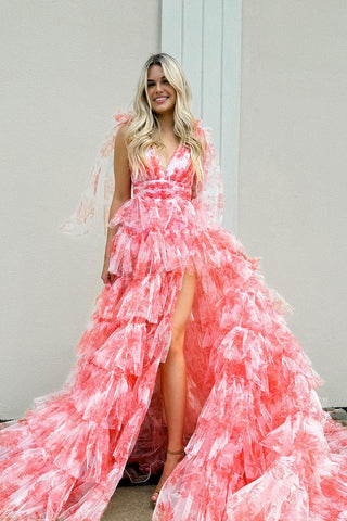 Cute Ball Gown V Neck Floral Printed Tiered Coral Tulle Long Prom Dress with Slit MD4051301