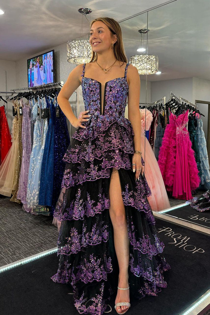 fitted lace wedding dress Sparkly Black Sequins Lace Ruffle Tiered Long Prom Dress MD4031304 –  Dressmeet