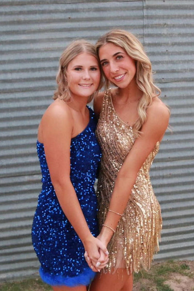 Cute Bodycon One Shoulder Gold Sequins Short Homecoming Dresses with Beading MD24100508