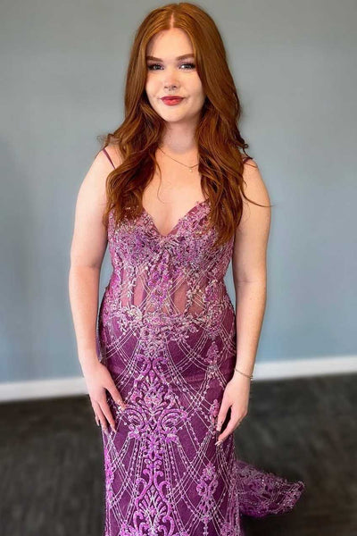 Stunning Purple V Neck Spaghetti Straps Appliques Mermaid Long Prom Dress DM25102801