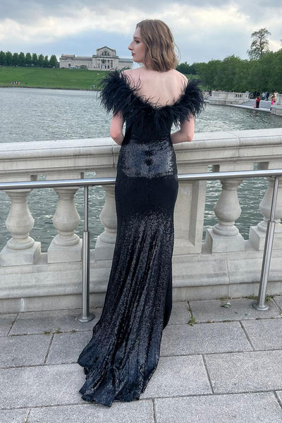 Glitter Mermaid Off the Shoulder Black Sequin Long Prom Dresses DM090901