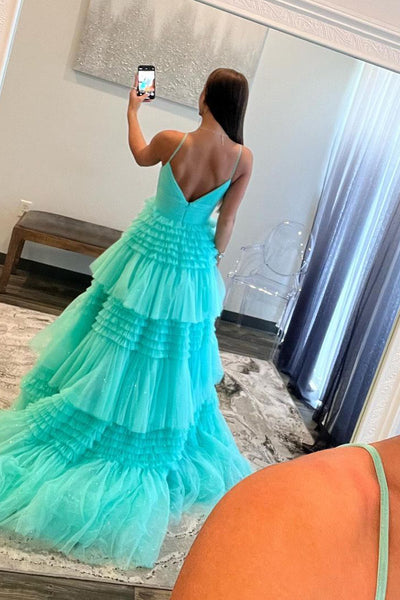 Green Layers Spaghetti Straps A-line Long Prom Dress MD121401