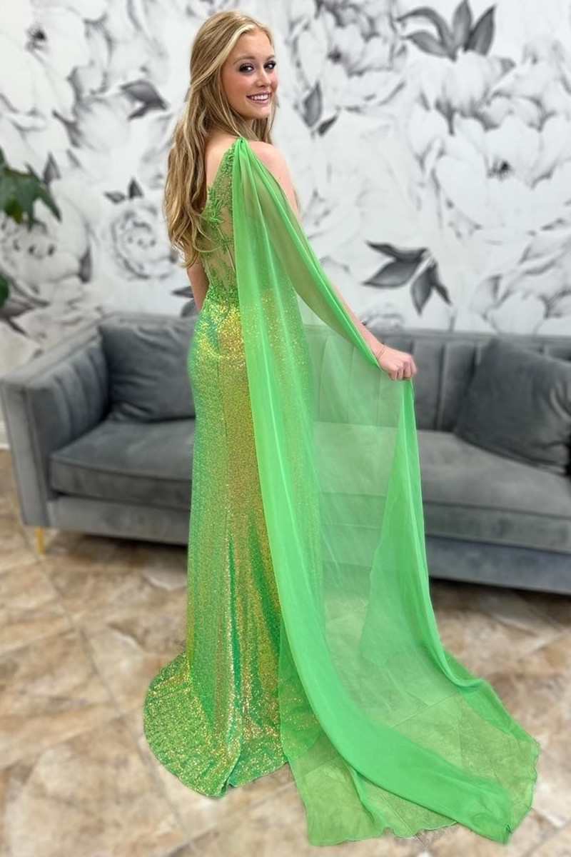 Green Sequin Lace One-Shoulder Long Formal Dress with Attached Train  MD110101  Dressmeet