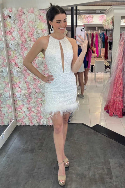 White Sequins Halter Keyhole Mini Party Dress MD092006