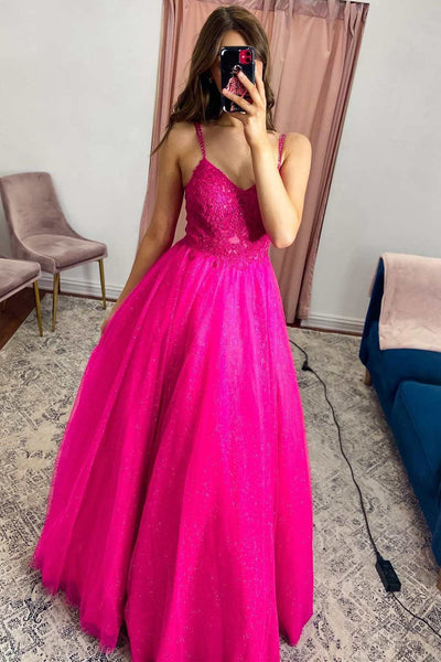 Fuchsia Tulle Lace V-Neck A-Line Long Prom Dress MD093007
