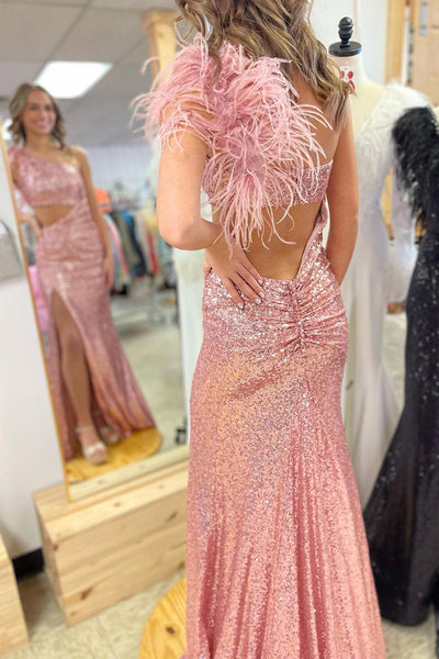 Mermaid One Shoulder Blush Sequins Cutout Prom Dresses MD4020401
