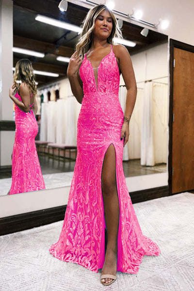 Sparkly Mermaid V Neck Burgundy Sequins Long Prom Dress with Slit MD101704