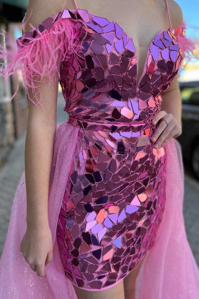 Pink Cut Glass Mirror Cold-Shoulder Short Party Dress with Attached Train MD093009