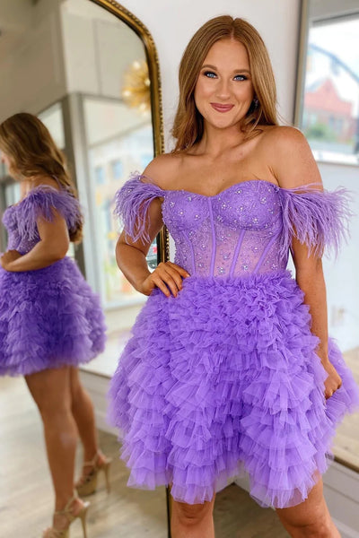 Sparkly Pink Corset A-Line Short Homecoming Dress with Feathers MD091703