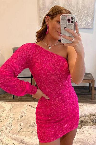 Orange Sequins Appliques One Shoulder Tight Homecoming Dress LD3062109