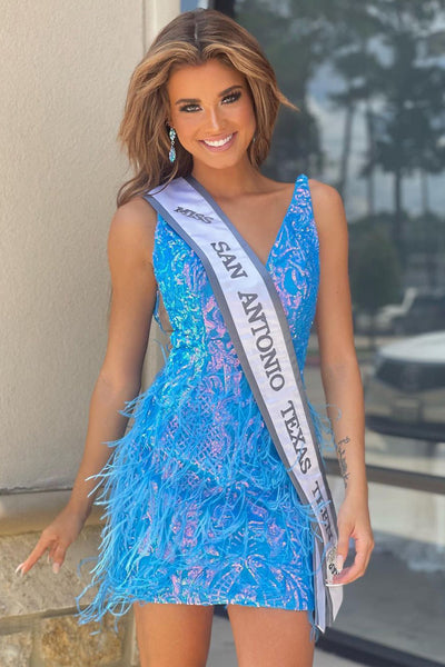 Cute Bodycon V Neck Lace Blue Sequins Short Homecoming Dress with Feather MD090201
