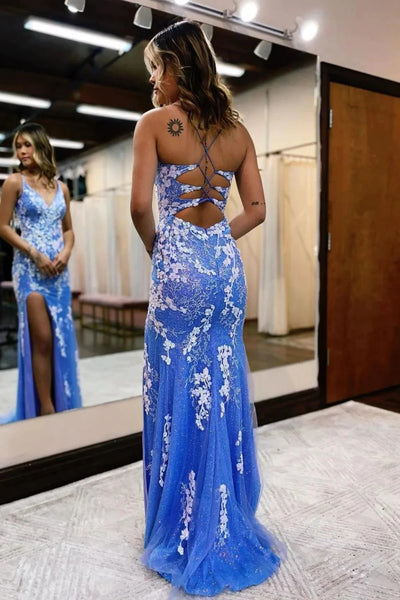 Glitter Blue Mermaid Lace Long Prom Dress with Slit MD092802