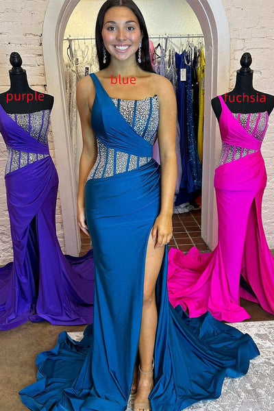 One Shoulder Purple Mermaid Prom Dress with Rhinestones MD113004