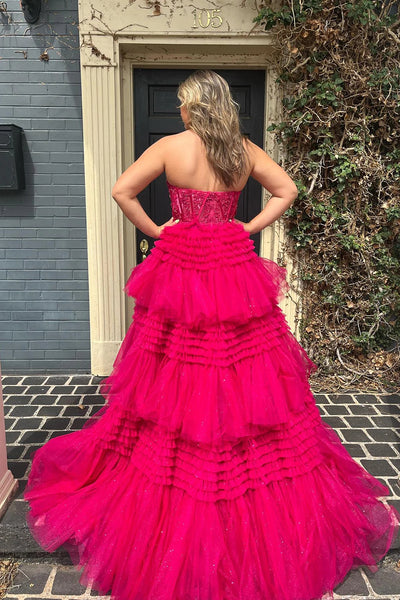 Sparkly Fuchsia Tulle Tiered Corset Long Prom Dress with Lace DM3082719