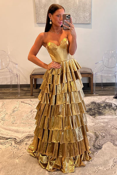 A-Line Strapless Gold Ruffle Tiered Satin Long Prom Dress MD4051601