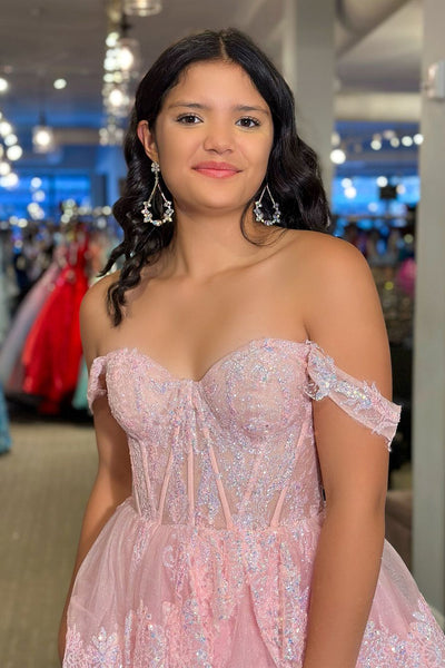 Pink Off the Shulder Tiered Tulle Lace Long Prom Dress with Slit MD120405