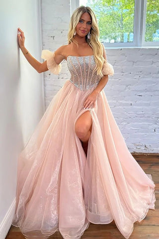 A Line Strapless Blush Corset Prom Dress with Beading Split Front MD100205