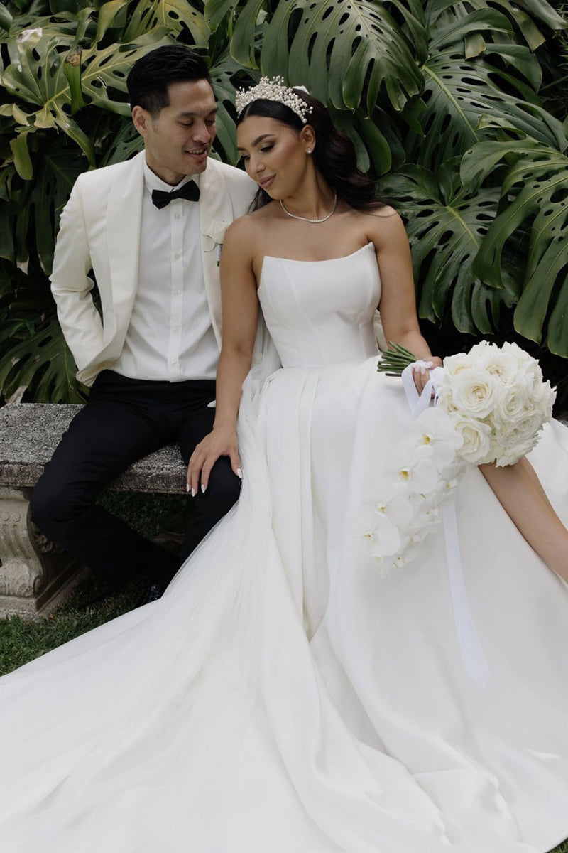 A-Line Satin Strapless Wedding Dress with Slit MD4052602 – Dressmeet