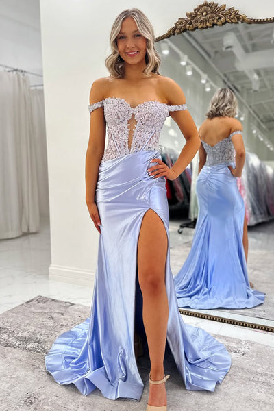 Cute Mermaid Off the Shoulder Satin Long Prom Dresses with Appliques DM25050209