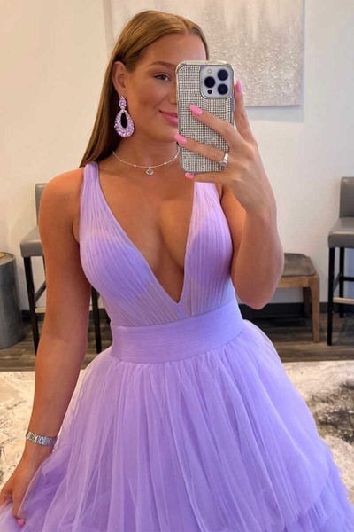 Multi-Tiered Lavender Plunge Neck A-Line Long Prom Dress MD092708