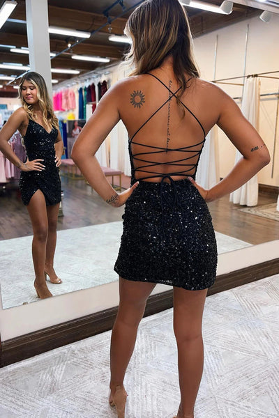 Glitter Fuchsia Spaghetti Straps Sequins Backless Tight Homecoming Dress with Slit MD0903019
