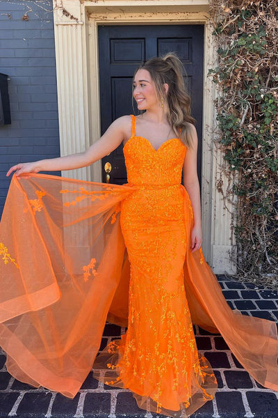 Orange Sweetheart Tulle Mermaid Long Prom Dresses with Appliques MD4010603