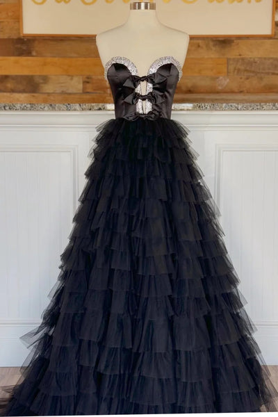 Black Strapless Bow Ruffle Long Prom Dress with Slit MD121601