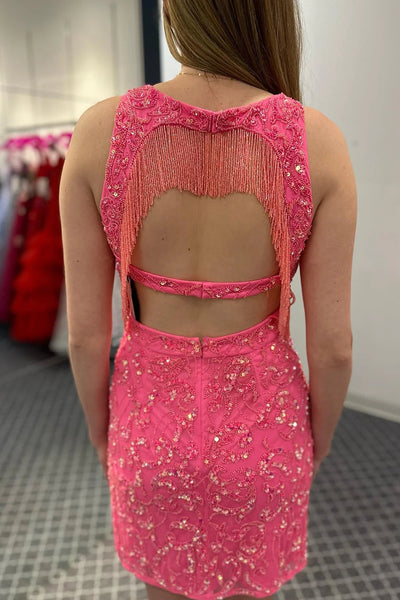 Sparkly Fuchsia Fringed Open Back Tight Short Homecoming Dress MD091807