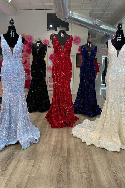 Glitter Plunge Pink Sequin Trumpet Long Formal Dress MD092706