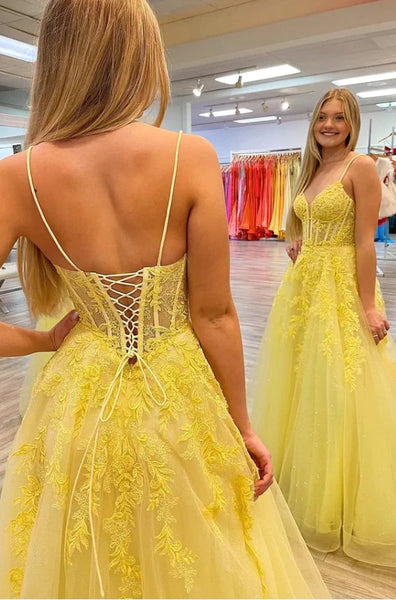 Yellow Spaghetti Straps A-line Lace Appliques Prom Dress MD100407