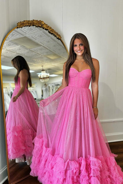 Sparkly A-Line Strapless Fuchsia Ruffle Tiered Long Prom Dress MD4033002