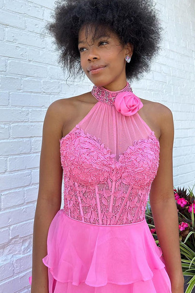 Pink Halter Tiered Chiffon Long Prom Dresses with Appliques MD112208