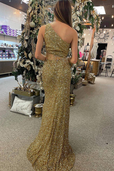 Mermaid One Shoulder Golden Sequins Long Prom Dress with Split Front MD100807