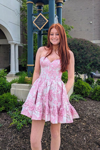 Cute A Line Sweetheart Pink Jacquard Satin Short Homecoming Dress with Pockets MD4052107