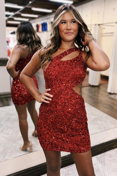 Red Keyhole One Shoulder Cutout Sequins Short Homecoming Dresses DM24071304