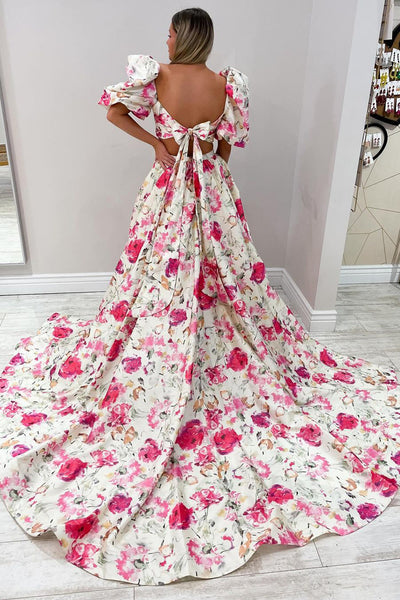 Pretty Two Piece Floral Printed Satin Long Prom Dress with Slit MD4051401