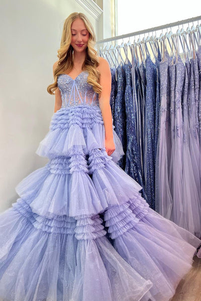 A-Line Strapless Lilac Ruffle Tiered Tulle Long Prom Dress with Appliques MD4051502