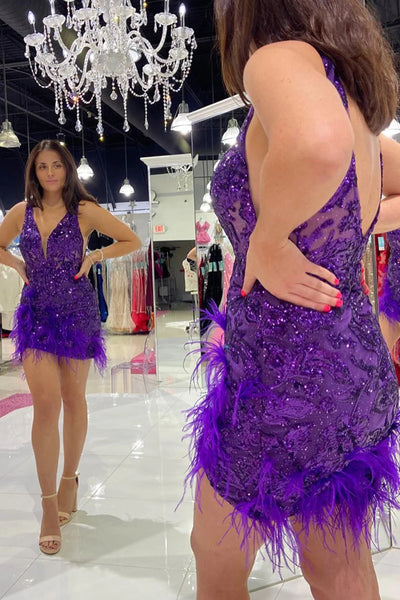 Sparkly Fuchsia Sequins Tight Short Homecoming Dress with Feathers MD0903013