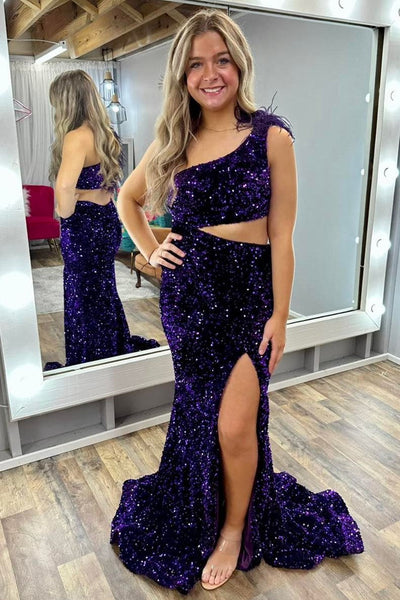 Sequin Feather One-Shoulder Mermaid Long Dress with Slit MD111203