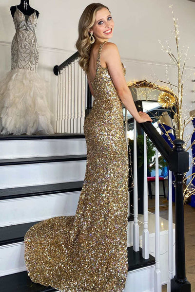 Gold Sequin Square Neck Backless Long Formal Dress with Slit MD093004