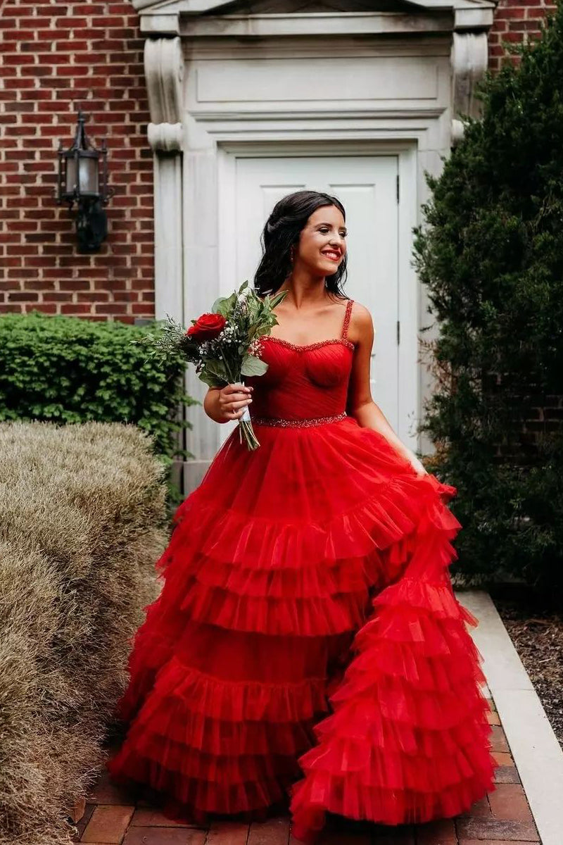 Ball Gown Sweetheart Red Ruffle Tiered Tulle Prom Dress with Beading D   Dressmeet