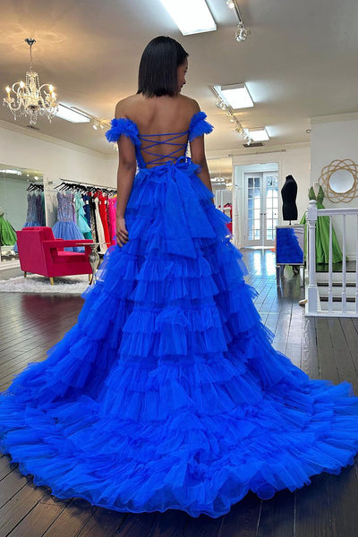 Royal Blue Off the Shoulder Tiered Tulle Long Prom Dress MD4020701