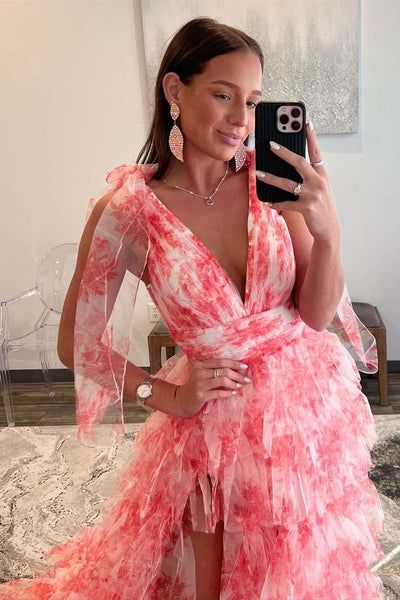 V-NecK Tie Straps Red Floral Print Layered Long Prom Dress MD112906