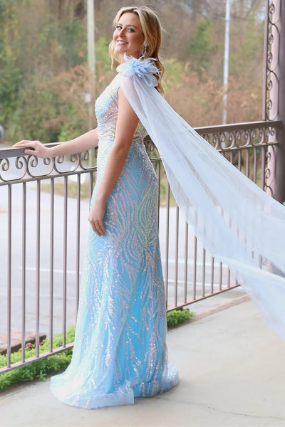 Light Blue Mesh Sequin Lace One-Shoulder Long Formal Dress MD122201