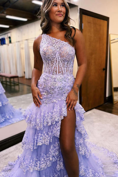 Charming A Line One Shoulder Lavender Sequins Long Prom Dresses with Slit MD100208