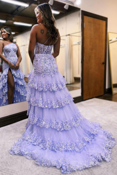 Charming A Line One Shoulder Lavender Sequins Long Prom Dresses with Slit MD100208