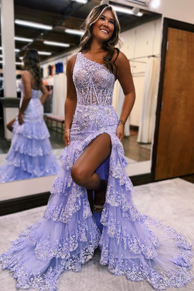 Charming A Line One Shoulder Lavender Sequins Long Prom Dresses with Slit MD100208