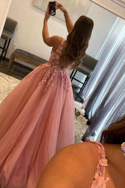 A-Line V Neck Pink Tulle Long Prom Dresses with Appliques MD103103