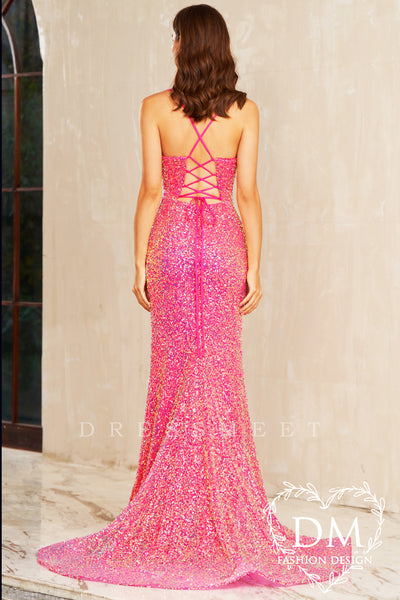 Pink V Neck Mermaid Sequins Long Prom Dress with Fringe Slit MD122003
