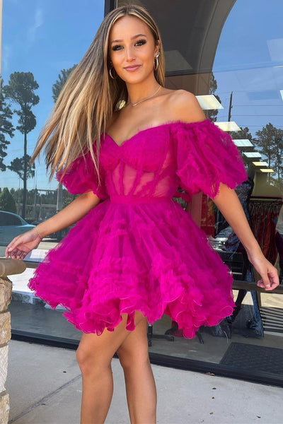 Red Sweetheart Puff Sleeve A-Line Short Party Dress with Ruffles LD3070704